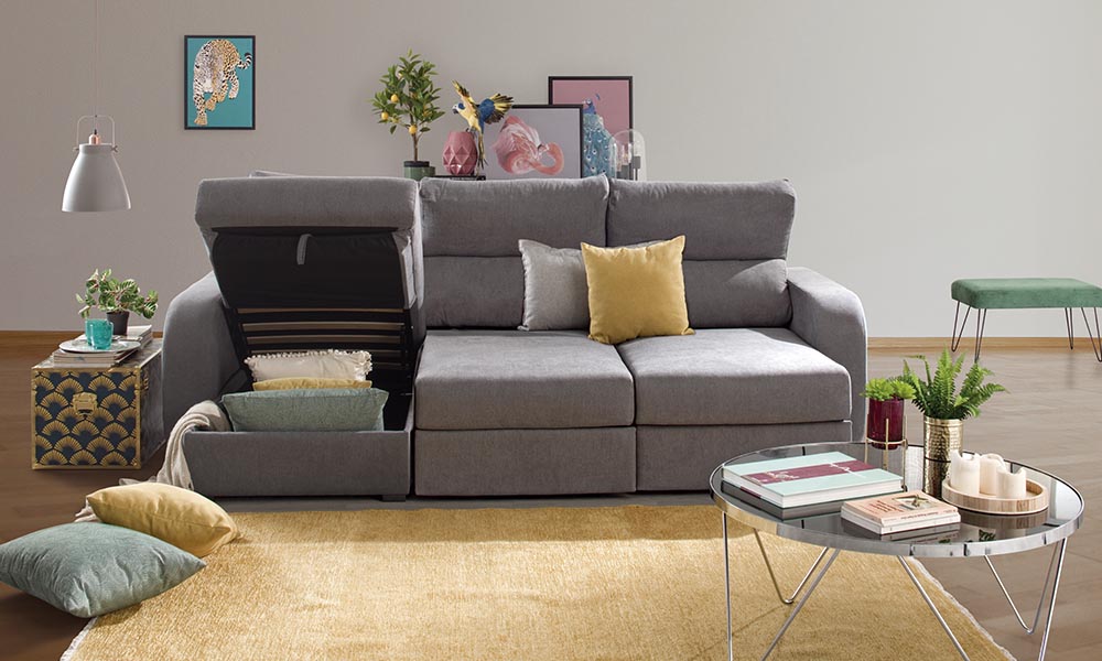 Chaise longue conversível em cama APRIL com arca de armazenamento de grande capacidade que sofá comprar