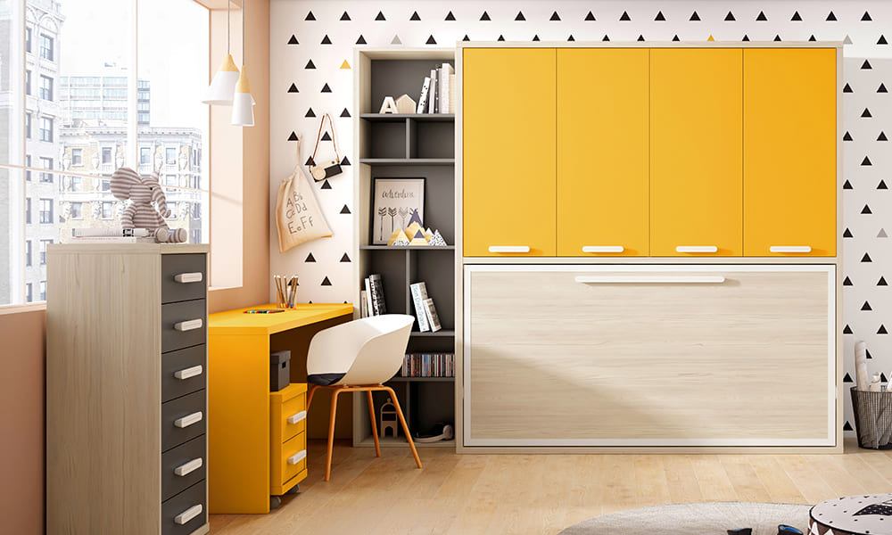Os beliches rebatíveis e abatíveis são sem dúvida a marca da modernidade nesta tendência. Quarto com beliche